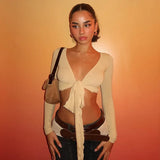 Fongt 2025 New Fashion Spice Girls Solid Color Sexy V Tie With Supple Short-Anxed Long-Sleeved Shirt Coat