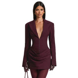 Fongt Women's Autumn And Winter New Temperament Solid Color V Collar Folding Waist Suit Dress