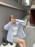 Fongt Stripe Polo Collar Long Sleeve Shirt Coat Female Autumn Thin Loose Show Thin Sunscreen Cardigan Top-Outfit