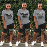 Summer Casual PINK Letter Print Two Piece Sets Women Short Sleeve Top And Skinny Pants Tracksuits Famale 2pcs