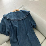 Style Summer Doll Collar Denim Dress Short Sleeves Loose Cute Midi