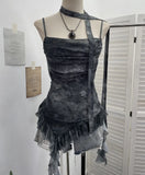 Fongt Shooting Round Neck Fluttering Dye Printing Irregular Lotus Leaf Side Mesh Slings Slings Sleeveless Top 1218