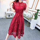 New Spring / Summer Runway Women's Clothings Pleated Stand Collar Short Sleeve Single Breasted Polka Dot Lace
