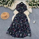 Fongt Niche High-End Light Style Single Row Buckle Short-Sleeved Printed Shirt Dress Female Magenta Vintage Chiffon Dress