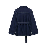 Fongt Retro Waist Strap With Belted Collared Denim Jacket Vintage Denim Trousers