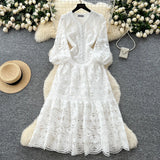 Fongt Fashion Dress Women 2025 Spring New French Waist Display Thin Hollow Hook Lace Leaves Side Dress