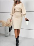 Fongt Women's Knitted Sweater Skirt Temperament Round Neck Long Sleeve Sexy Solid Color To Show Thin Ass Skirt