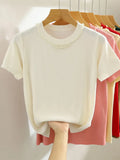 Knitted T-shirt Women Top Solid Tank Y2K Summer New Fashion Female Sleeveless Beading Casual Thin Tops 2024-Outfit