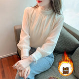 Fongt Shot Plus Velvet Winter New Sweet Standing Collar Pearl Splicing Decorative Jacket Design Sense Bubble Sleeve Shirt-Outfit