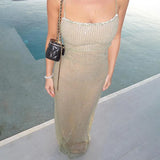 Sexy Bare Back Thin Flash Hot Diamond Suspender Dress Women's 2024 Fashion Temperament Long Dress-Outfit