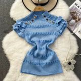 Ruffles Short Sleeve Buttons Sweater Jumpers Girls Stretchy Chic Sweaters Pullovers Tops Women Knitted Tee Shirts-Outfit