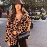 Brown Leopard Fur Integration Jacket Women Loose Button Up Oversized Coats Winter Clothes Korean Style Hot Girls
