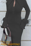 Women Fashion Solid Feather Splicing Shirt Dress Autumn Casual Long Sleeve Party Dress Ladies Sexy Turn-down Collar Long
