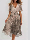 Fongt Summer New Loose Leisure Shuya V Collar Crumped New Hot Print Dress.