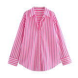 Fongt Casual Shirt 2025 Spring And Summer Temperament Long-Sleeved Collar Loose Striped Print Female Top