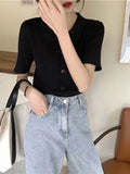 Fongt POLO Lapel Knit Cardigan Summer 2024 New Color Knit Short Sleeve Sweater Top-Outfit