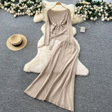 Fongt Temperament Wears A Female Autumn And Winter Design Sense Of Irregular Strap To The Waist Long-Sleeved Knitted Shirt + High Waist Half-Dress