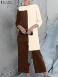 Womens Outifits Pant Sets Fashion Urban Tracksuit Two Piece Sets Spring Elegant 3/4 Sleeve Patchwork Blouse OL Work