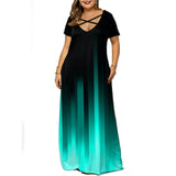 Fongt Summer Gradient Positioning Print V Neck Short Sleeve Large Size Pocket Dress