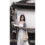 Fongt Gentle Wind Wearing Gray Long-Sleeved Knitted Cardigan Dress Suit For Women's Autumn Slings