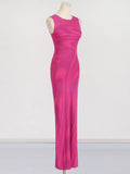 Fongt 2025 New Round-Neck Elastic Body Abstract Cuffless Knitted Long Dress Women Tight-Up