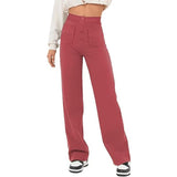 Fongt Fashion New Women's Casual Straight Pants High Waist Button Elastic Belt With Multiple