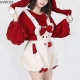 Kawaii Lolita Plush Overalls Shorts Women Cute Bear Strawberry Hot Short Pants Bow Bloomers Shorts Female Y2k Clothing-Outfit