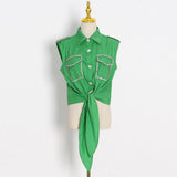 Loose Shirt For Women Lapel Sleeveless Patchwork Diamonds Solid Minimalist Blouses Female Summer Clothing Style