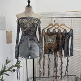 Fongt Shot Raging Butterfly Embroidery Y2k Babes Punk Word Shoulder Tie-Dye Mesh T-Shirt With Short Top 1319