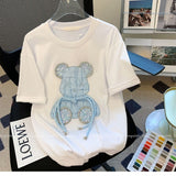 Embroidery Bear Diamond T Shirts Cute Cartoon Summer Tee Tops High Quality Cotton Short Sleeve Kawaii Clothes Korean 2023-Outfit