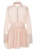 Women Chiffon Turndown Collar White Ruched Mini Dress Chic Single Breasted Longsleeve Slim Fall Dresses 2023-Outfit