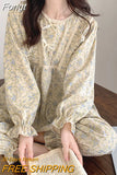 Rround Collar Pajamas Retro Flower Print Sweet Girl Princess Long Sleeve Homewear Suit Spring Summer