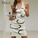 2021 Knitted Bodycon Dress Women Halter Neck Summer Yellow Sleeveless Midi Backless Party Sexy Dresses