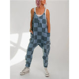 Fongt Women's Check-Print Leisure Large Pocket Jumpsuit Wish Loose Back