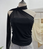 Fongt Shooting Mesh Ribbon Hanging Neck Folded Sleeveless Top Babes Two-Wearing Design Wrapping Bras 1125