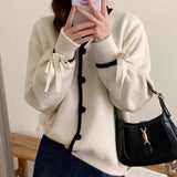 Elegant V-Collar Buckle Design Lantern Sleeves With Knitted Cardigan Autumn And Winter Korean Version Of Thin Blouse-Outfit