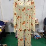 Fongt Pajamas Suit Long Sleeve Button Shirt Floral Fruit Print Wide Leg Pants Pajamas-Outfit