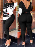 Autumn New Women's Fashion Leisure Bare-Back Printed Trousers Suit-Outfit