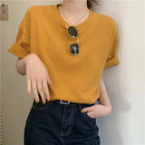 Fongt New 2024 Korean Version Simple Back Letter Print Short-Sleeved T-Shirt Women's Loose Round Collar With A Bottom