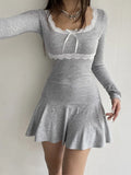 Lace Patchwork Knitted Mini Dresses Women Autumn Y2K Sweet Bow Bodycon Long Sleeve Pleated Dress Casual Korean Style-Outfit
