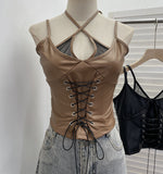 Fongt Shooting Locomotive Punk Pu Splicing Fishing Net Hanging Neck Sling Vest Babes Wearing Rope Repair Short Blouse 8106