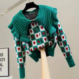 Fashion Sweet Cardigan Women Chic Peter Pan Collar Heart Button Hit Color Long Sleeve Knitted Sweater Coat Cute Loose Top-Outfit