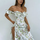 Fongt Bohemian Floral Bosom Long Dress French High-Waisted Fork-Repair Temperament Shoulder