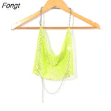 New Rhinestone Tops for Women 2022 Fashion Sleeveless Halter Hollow Out Shiny Metal Cropped Mesh Tank Sexy Backless
