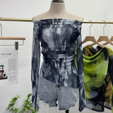 Fongt Dyed Printed Shoulder T-Shirt Design Sense Irregular Open Fork Thin Mesh Long Sleeve Top 8958