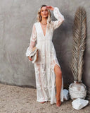Fongt New Women's Lace Long-Sleeved V-Neck Solid Chiffon Summer Dress