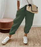 Fongt Women Cotton Tample Waist Nine Trousers Casual Women's Pants