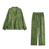 Fongt Women's INS Burst Fashion Casual Metallic Line Printed Shirt + Trousers Set