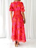 Fongt Fashion Print Bubble Sleeve Deep V-Neck Open Fork Sexy Lady Long Dress