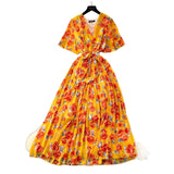 Fongt Summer Dress New Female High-End Feel Strapped Belt V Collar Horn Sleeves Thin Temperament Print Chiffon Dress